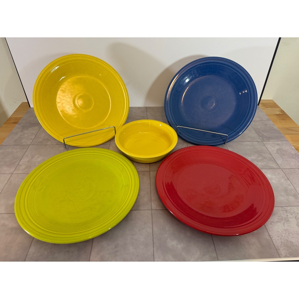 Fiesta Dinnerware Set 4 Plates 1 Bowl Scarlet Cobalt Sunflower Lemongrass 5pc